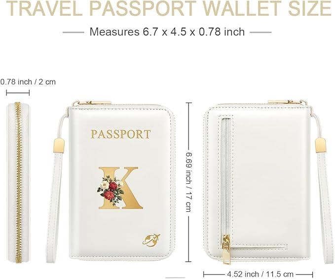 Passport Holder for Travel Personalized Passport Holder Initial Letter Rose Flower RFID Blocking Travel Wallets Credit Cards Holder for Women Men, White K