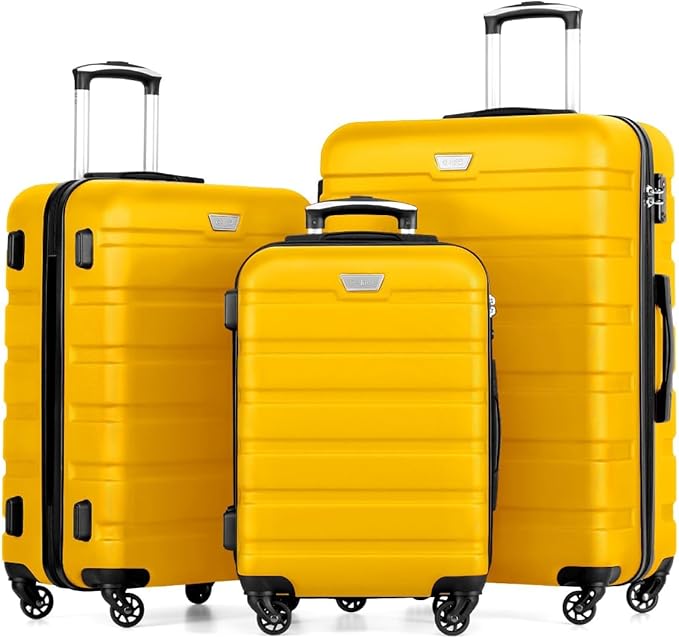 Coolife Luggage 3 Piece Set, Lightweight Durable Hardshell Suitcase set with 360° Spinner Wheels, TSA-approved Lock, Checked Family Travel Luggage sets, 20/24/28 Inch, Yellow