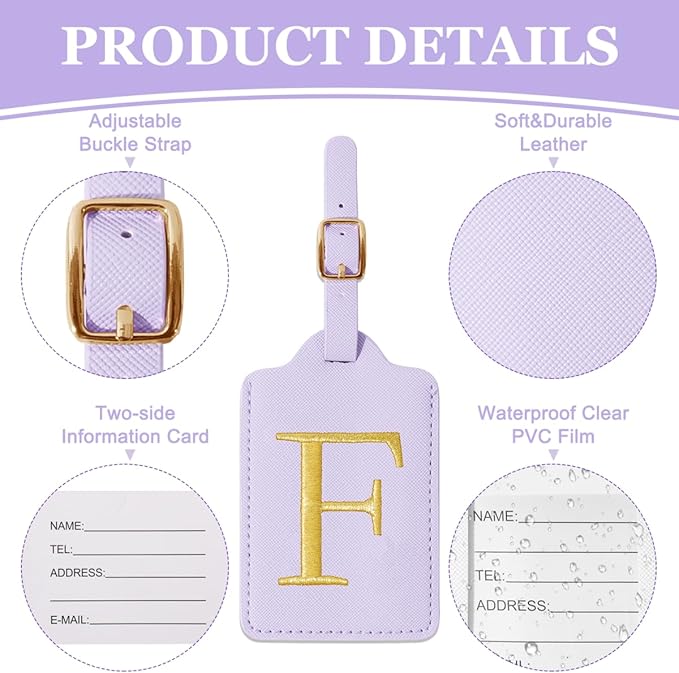 Personalized Initial Luggage Tags for Suitcases,Leather Letter Cute Luggage Tags with Privacy Name Card,Embroidered Monogrammed Travel Bag Backpack Tag Gifts for Women Kids Girls Teens(Purple-F)