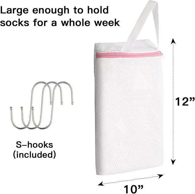 3 PACK Hanging Mesh Laundry Bags with S Metal Hooks,10x12 Inch Hanging Socks Laundry Bags, for Washing Machine