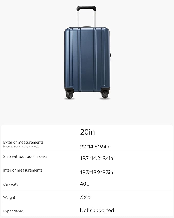 LUGGEX Carry On Luggage 22x14x9 Airline Approved, L2 100% PC Hard Shell Travel Suitcase with Smooth Spinner Wheels, TSA Lock (EX-Core, Blue, 20 Inch, 40L)