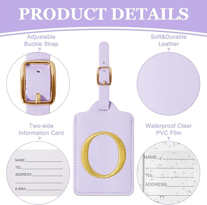 Personalized Initial Luggage Tags for Suitcases,Leather Letter Cute Luggage Tags with Privacy Name Card,Embroidered Monogrammed Travel Bag Backpack Tag Gifts for Women Kids Girls Teens(Purple-O)