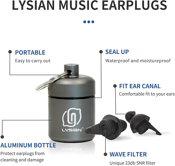 LYSIAN High-Fidelity Concert Ear Plugs for Drummers, Festivals, Party & Raves, Ergonomic Snug Fit Reusable Musician Earplugs, 2 Pairs Black -23dB Noise Reduction