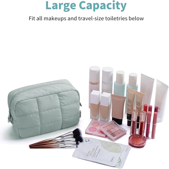 Narwey Puffer Travel Makeup Bag for Women Girl, Quilted Puffy Cosmetic Bag Make Up Bag Organizer, Cute Travel Toiletry Bag for Toiletries (Sage Green)