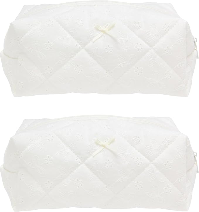 PAZIMIIK 2PCS Cozy Makeup Bag Travel Cosmetic Bag for Women Soft Toiletry Bag Aesthetic Makeup Organizer Portable Large Zipper Pouch for Skincare Beauty Accessories Brushes Embroidery White