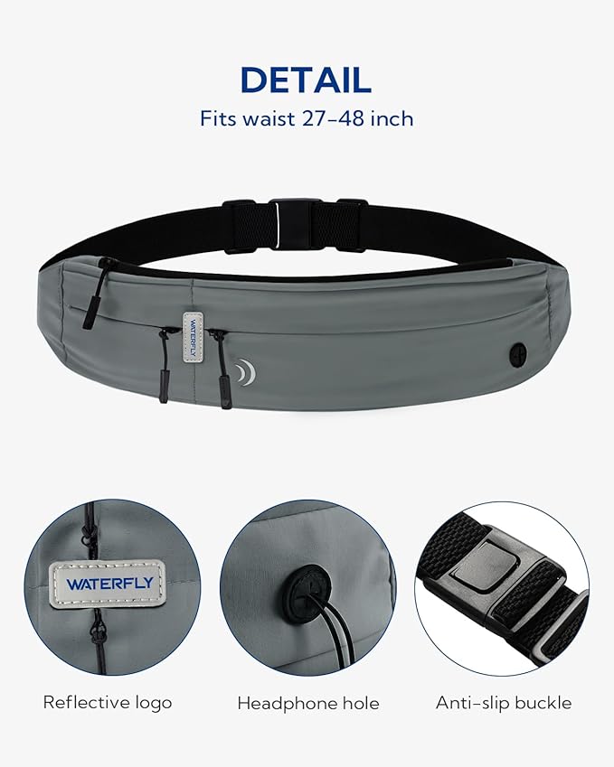 WATERFLY Running Belt Fanny Pack: Runner Marathon Jogging Waist Pack Sport Workout Exercise Fitness Phone Holder Belt for Men Women Jogger Slim Waistband