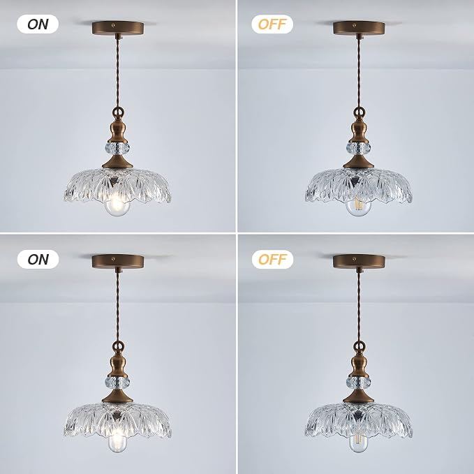 CVKASH Vintage Glass Pendant Light Fixture Brass Modern Adjustable Chandelier Farmhouse Hanging Light for Hallway Porch Kitchen Bedroom Coffee Shop Dining Room Island