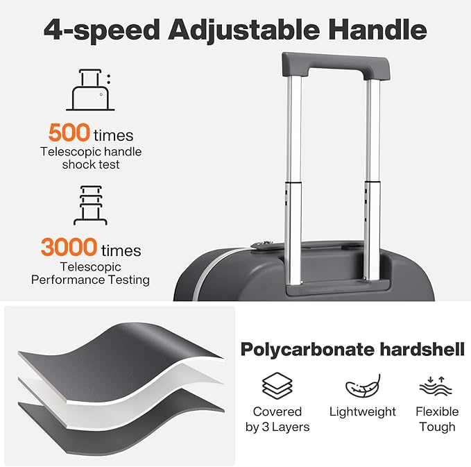 mixi 24 Inch Checked Luggage PC Hard Shell Suitcase Top Opening Aluminum Frame Travel Suitcases with Wheels, Rock Gray