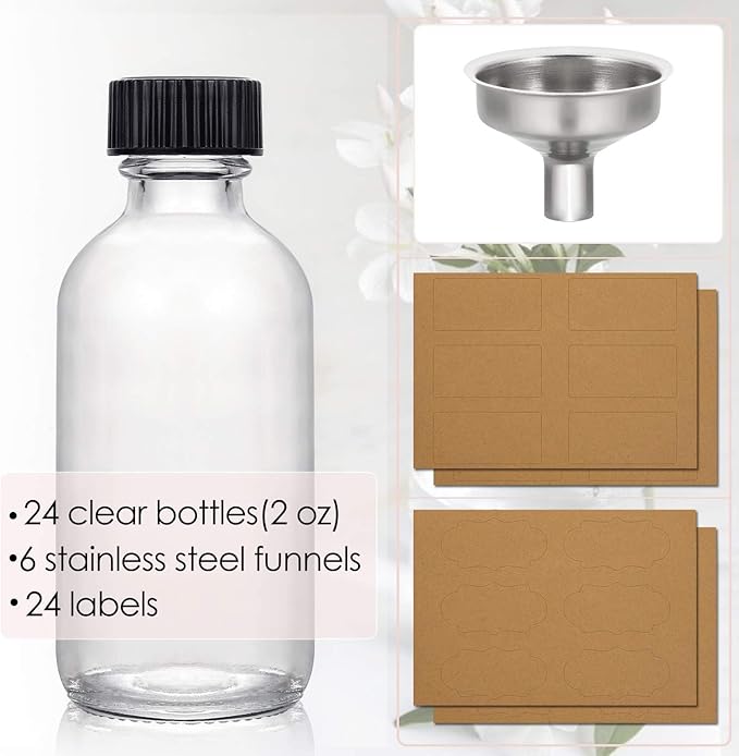 24 Pack, 2 oz Small Clear Glass Bottles w/ Lid & 6 Stainless Steel Funnels - 60ml Boston Sample Bottles - Mini Travel Essential or Decorative Bottles for Potion, Juice, Wellness, Ginger Shots, Whiskey