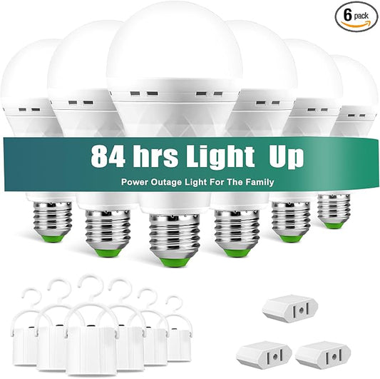 Emergency Rechargeable Light Bulb with Hook,Stay Lights Up | When Power Failure, 1500mAh 12W 60W Equivalent LED Light Bulbs for Home, Camping, Hiking(E27, with Hook,with Plug Cap) 6 Pack