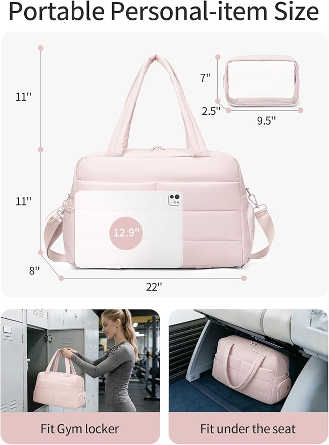 Gitus Carry On Duffle Gym Bag for Women Puffer Weekender Overnight Duffel Bag for Travel with Clear Toiletry Pouch Sport Yoga Fitness Essentials Gifts (Lightpink)