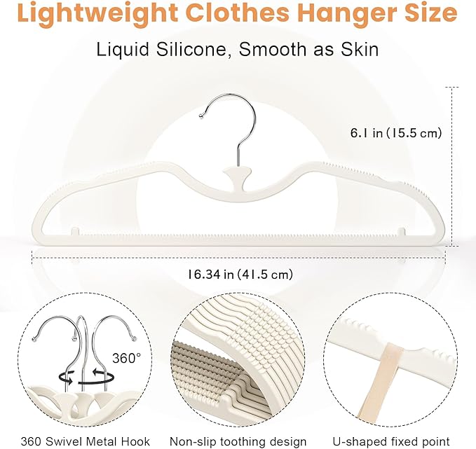 20 Pack Upgraded Short Neck Vertical Space Saver Hangers, 360 Degree Swivel Hooks, Non-Slip Hangers, Liquid Silicone, Smooth as Skin (Not Velvet) - Cream