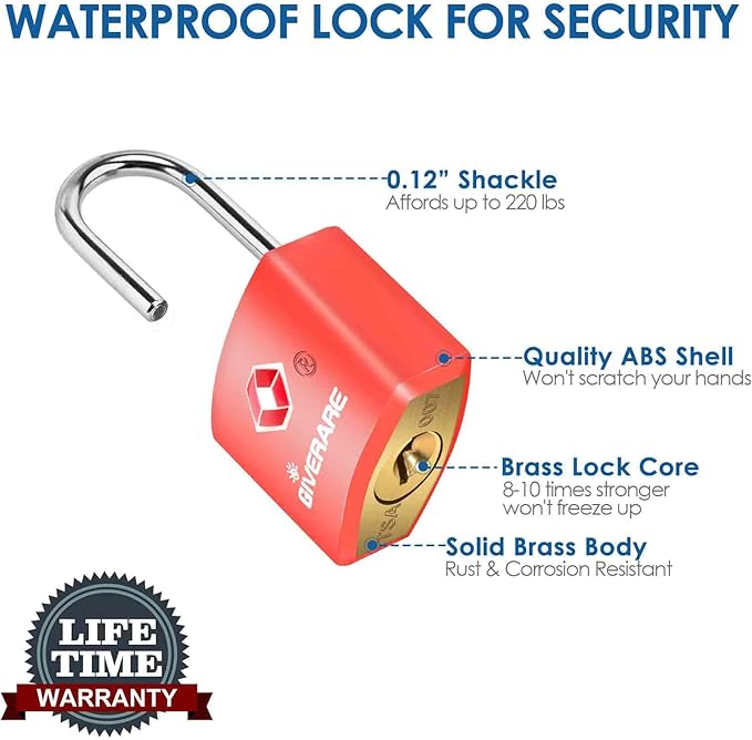 4 Pack TSA Approved Travel Luggage Locks with Keys, Solid Brass Copper Keyed Padlock, ABS Plastic Covered Small Locks for Suitcase, Backpack, Gym Locker, Jewelry Box-by GIVERARE