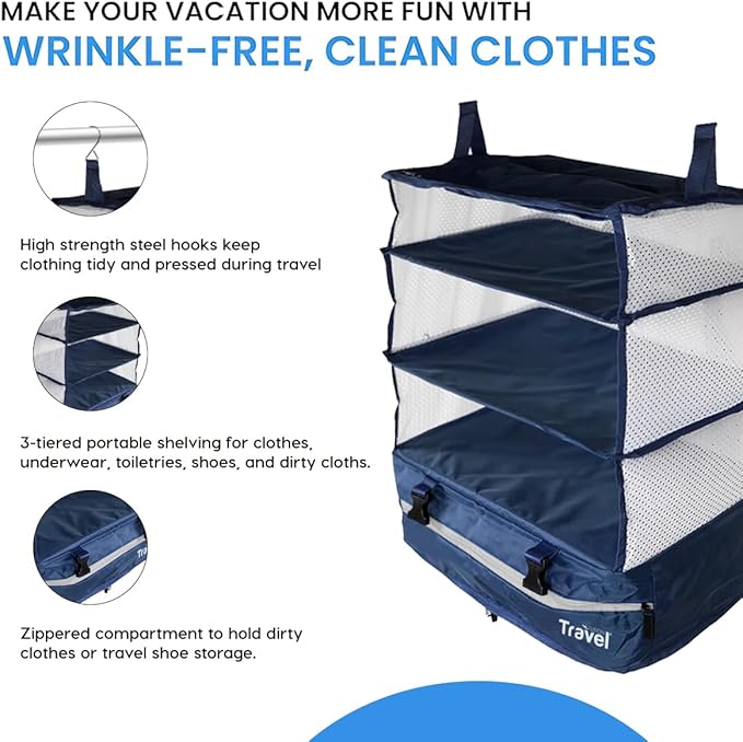 Grand Fusion Stow-N-Go Packing Organizer for Luggage, Portable Hanging Travel Shelves, Carry-On Closet, Hanging Packing Cubes, Collapsible Carry-On Organizer for Cruises & Hotels. Blue - XL