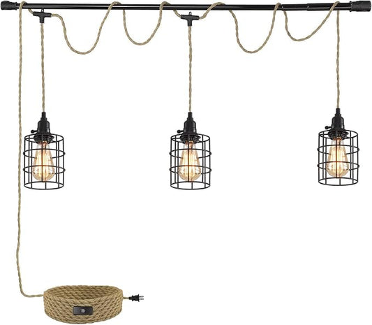 3-Light Hanging Light with Plug in Cord,Plug in Pendant Light 22ft Hemp Rope Pendant Lighting Vintage 3-Light Hanging Lamp Fixtures for Kitchen Island Living Room Bedroom