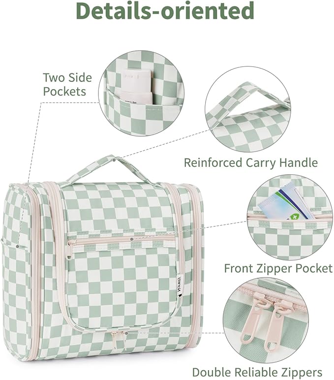Narwey Travel Toiletry Bag for Women, Checkered Large Hanging Makeup Bag Organizer Cosmetic Make up Bags for Women, Travel Bag for Toiletries (Mint Green Checkerboard)