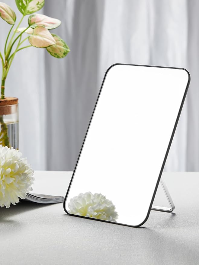 OMIRO Makeup Mirror for Desk, 10 x 7 inches Table Mirror with Adjustable Stand and Hanging Hole for Shaving and Travelling, Black