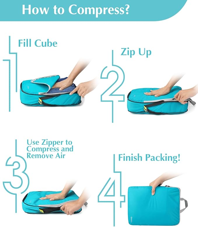 Gonex Compression Packing Cubes, 5pcs Expandable Storage Travel Luggage Bags Organizers with Laundry Bag (Blue)