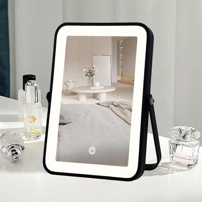 YEKKOPT Rechargeable Makeup Vanity Mirror with Lights, Small Desk Makeup Mirror with Lights, 3 Lighting Modes, Dimmable Touch Screen, Tabletop Light up Mirror