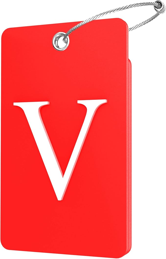 Gostwo 2 Pack Luggage Tags for Suitcases, 26 Initial Letter Travel Luggage Baggage Identification Labels ID Tag Fully Bendable Tags with Stainless Steel Loop (Red) (Letter V)