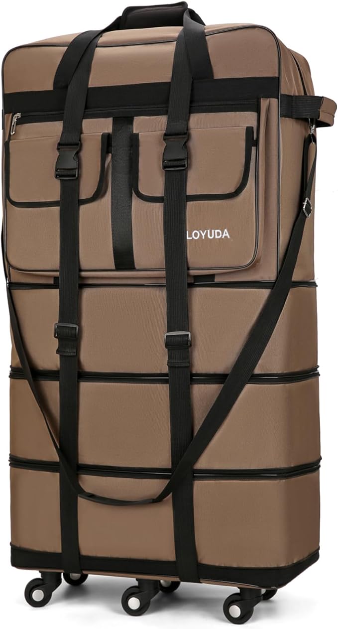 130L Expandable Luggage, 40 Inch Suitcase with Wheels, Collapsible Luggage with Wheels, Rolling Duffle Bag with wheels, Foldable Suitcasewith2Handle Wrap 2Fixing Straps 1Shoulder Strap (khaki)