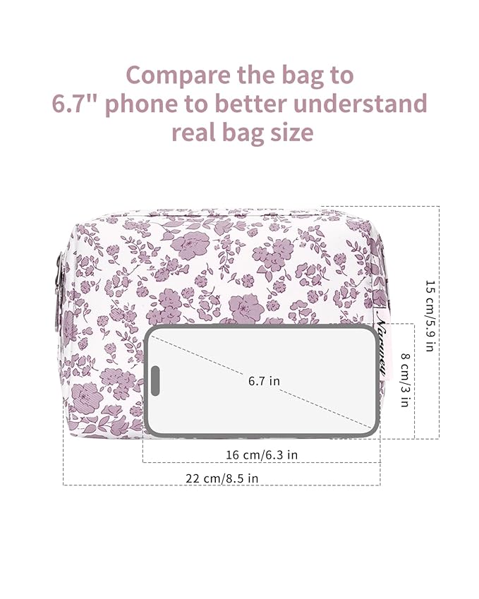 Narwey Cute Floral Makeup Bag Travel Cosmetic Bag Organizer Toiletry Bag Make Up Bags with Organized Pocket for Women Girls (Large,Dusty Pink Flower)