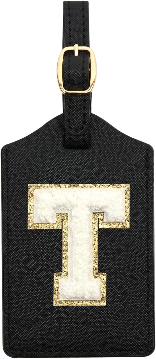 Initial Luggage Tag, PU Leather Luggage Tag, Embroidered Luggage Tag, Letter Luggage Tag, Monogrammed Luggage Tag, Luggage Tag for Baggage Bag Suitcase (T, Black Leather+White Letter)