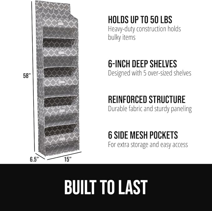 GORILLA GRIP Over The Door Organizer Storage, 5 Deep Hanging Shelves, Holds 50lbs, Closet Organizers Shelf for Bedroom, Shoes, Bathroom, Nursery, Dorm Essentials, 58x15 Inches, Quatrefoil