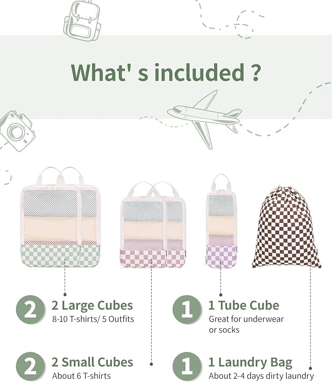 Narwey 6 Set/5 Set Compression Packing Cubes for Travel Kids Women Carry on, Packing Organizers Bag for Backpack Luggage Suitcase Duffle Bags