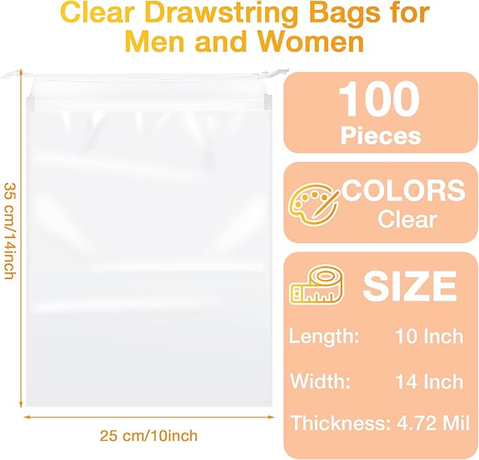 100 Packs Shoes Bags for Travel 10 x 14 Inch Large Transparent Shoe Bags Clear Drawstring Bags Plastic Waterproof Shoe Packing Bags Storage Organizer Pouch with Rope for Men Women Travel Accessories