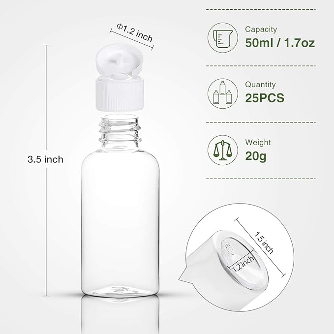 25 Pack 1.7oz/50ml Plastic Empty Bottles Clear Travel Containers Travel Size Bottles with Flip Cap Squeezable Refillable Toiletry (clear)