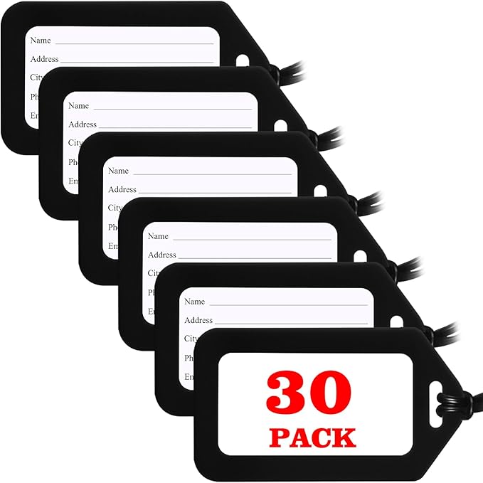 30 Pack Luggage Tag Bright Luggage Tags for Suitcases Bag Tags Name Tags for Kids Travel Accessories Must Haves by Sodsay (Black)