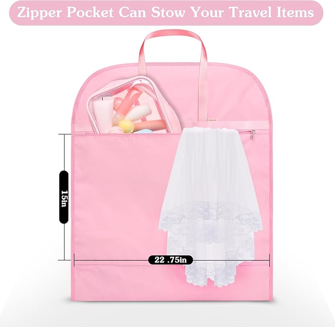 Limoomil 60 Inch Heavy Duty Tear Resistance Wedding Dress Bag for Wedding Travel, Waterproof Dress Cover for Closet Wardrobe. Garment Bag for Gowns, Tuxedos, Dress, Long Coats. Pink, 60 Inch.