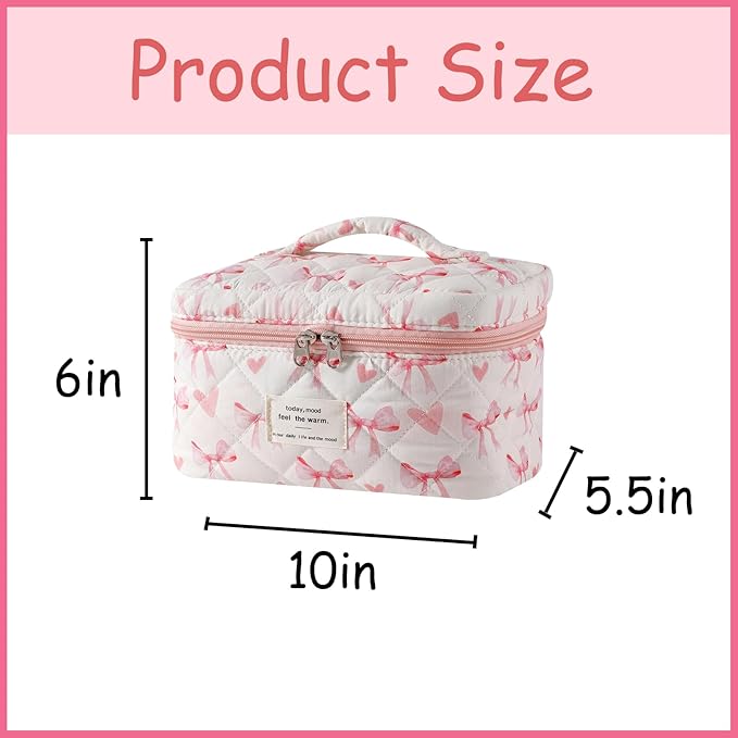 uekeboag Large Travel Quilted Makeup Bag for Women, Floral Cotton Cosmetic Bag, Coquette Aesthetic Floral Toiletry Organizer Bag