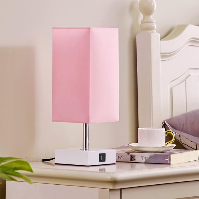 Touch Control Table Lamp with 2 USB Charging Ports, 3 Way Touch Lamps Beside Desk, Nightstand Lamp for Bedrooms Living Room, Pink Shade with White Base, LED Bulb Included(Pink) | 3-Way Dimmable, 3000K LED Bulb Included, Square Pink Shade White Base, Cu...