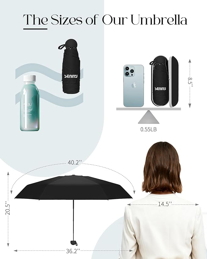 Seniny Mini Portable Travel Umbrella with Case - Compact Umbrellas for Rain & Sun UV Protection for Backpack Pocket, Lightweight Folding Small Umbrella, Tiny Purse Size UV Blocker for Kids Women Girls