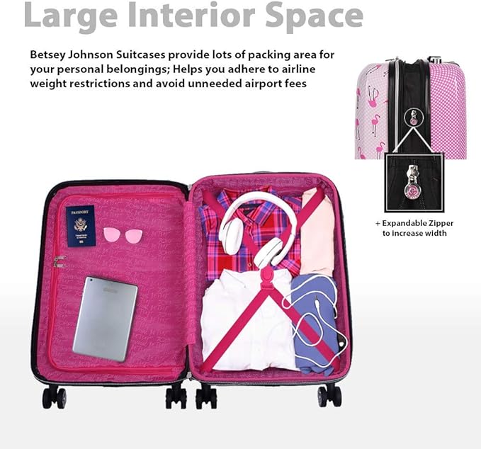 Betsey Johnson Designer 20 Inch Carry On - Expandable (ABS + PC) Hardside Luggage - Lightweight Durable Suitcase With 8-Rolling Spinner Wheels for Women (20in, Flamingo Strut)