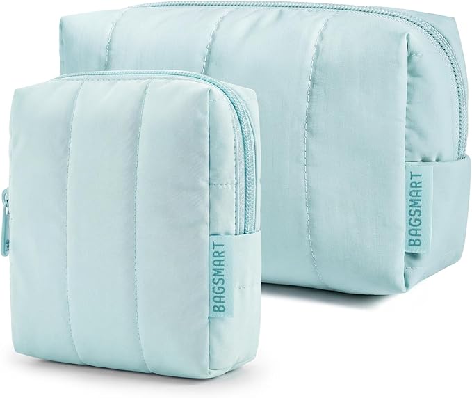 BAGSMART Makeup Bag Duo Set, Puffy Padded Travel Cosmetic Organizer with Slip-in Pockets, Large Toiletry Bag & Small Purse Pouch, Travel Essentials for Women, Blue