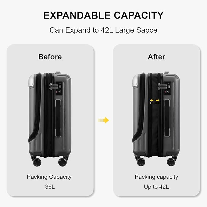 LEVEL8 Grace Carry on Luggage, 20 Inch Expandable Hard Shell Suitcase with Wheels, Abs+Pc Harshell Spinner Luggages with Tsa Lock, Travel Bag for Women Men, Grey