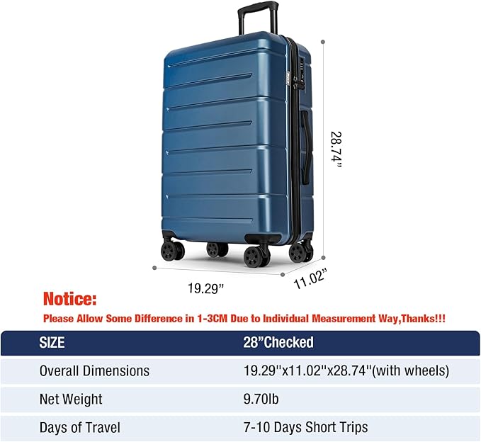KYME Large Suitcases with Wheels Hardshell 28 Inch Luggage TSA Approved Big Checked Luggage Durable Travel Rolling Suitcase for Women Men Light Blue