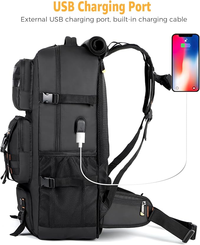 Ponhog Travel Backpack for Men, 50L Carry On Flight Approved Convertible Duffle Bag with Shoe Compartment, 17 inch Laptop Luggage with USB Charging Port for Weekender Hiking, Black