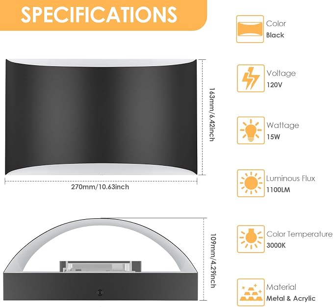 LED Wall Sconces Set of 2, 3000K Extra Large Matte Black Wall Light Fixture | Up and Down Wall Mount Light, Interior Indoor Sconces Wall Lighting, Hardwired Wall Lamp for Living Room Bedroom Hallway