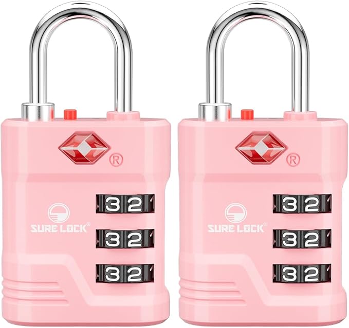 SURE LOCK TSA Approved Luggage Lock – 3-Digit Resettable Combination Padlock with Open Alert Red Dot, Large Easy-Read Dials for Suitcases, Backpacks, Gym & School Lockers(Pink 2 pk)