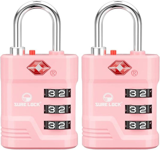 SURE LOCK TSA Approved Luggage Lock – 3-Digit Resettable Combination Padlock with Open Alert Red Dot, Large Easy-Read Dials for Suitcases, Backpacks, Gym & School Lockers(Pink 2 pk)