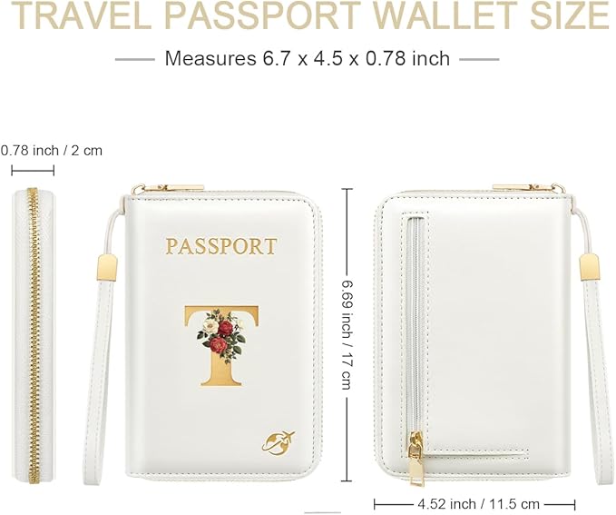 Passport Holder for Travel Personalized Passport Holder Initial Letter Rose Flower RFID Blocking Travel Wallets Credit Cards Holder for Women Men, White T