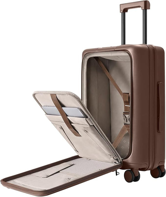 NINETYGO Carry On Luggage 22x14x9 Airline Approved, Top Opening 20 Inch Suitcase with Front Compartment, Expandable, Coffee-Infused PC Shell, Eco-Friendly, Cup Holder, TSA, Spinner Wheels (Latte)