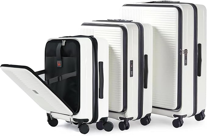Merax Luggage Sets 3 Piece,Front Open PC Hardshell Expandable Carry on Suitcase with Spinner Wheels and TSA Lock,Lightweight 20in/24in/28in Luggage,Creamy White