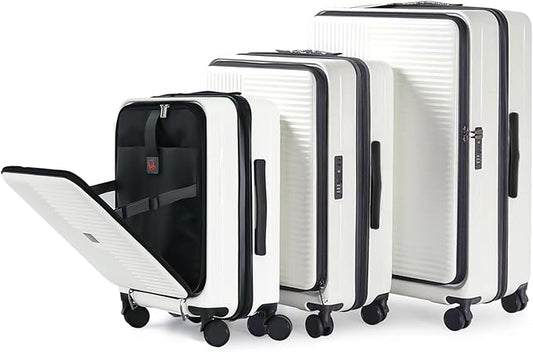 Merax Luggage Sets 3 Piece,Front Open PC Hardshell Expandable Carry on Suitcase with Spinner Wheels and TSA Lock,Lightweight 20in/24in/28in Luggage,Creamy White
