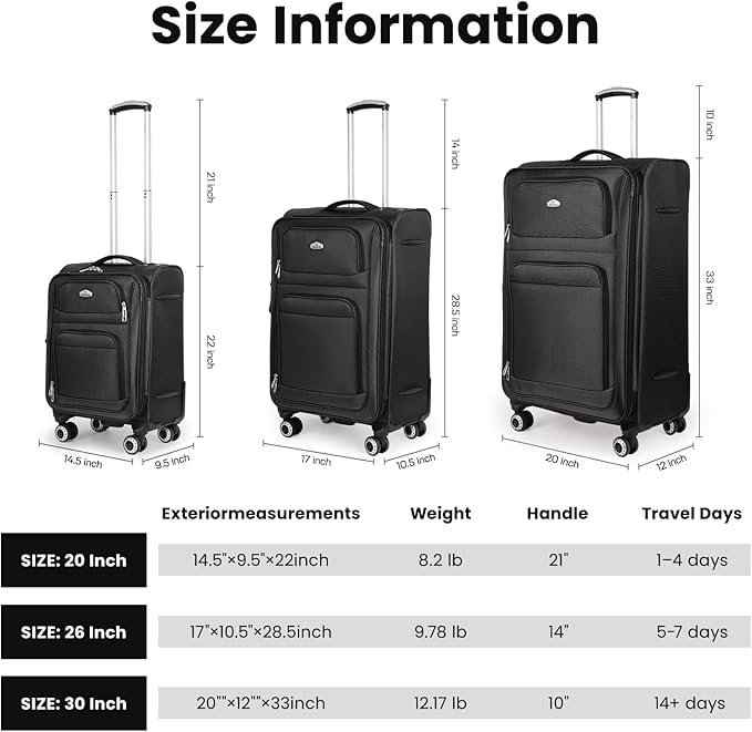 Softside Luggage Sets 3 Piece,Expandable Lightweight Durable Suitcase Sets Double Spinner Wheels w/Combination LOCK （20''/26''/30''）#Black