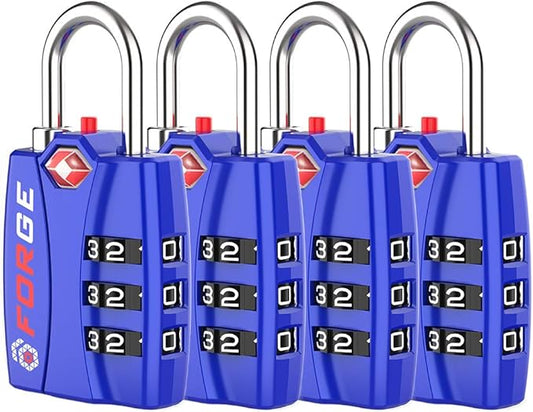 Forge Open Alert TSA Approved Luggage Locks - 3 Digit Combination, Easy Read Dials, Zinc Alloy Body - Ideal Travel Lock for Luggage, Suitcases, Bags & Toolboxes (Blue 4Pk)